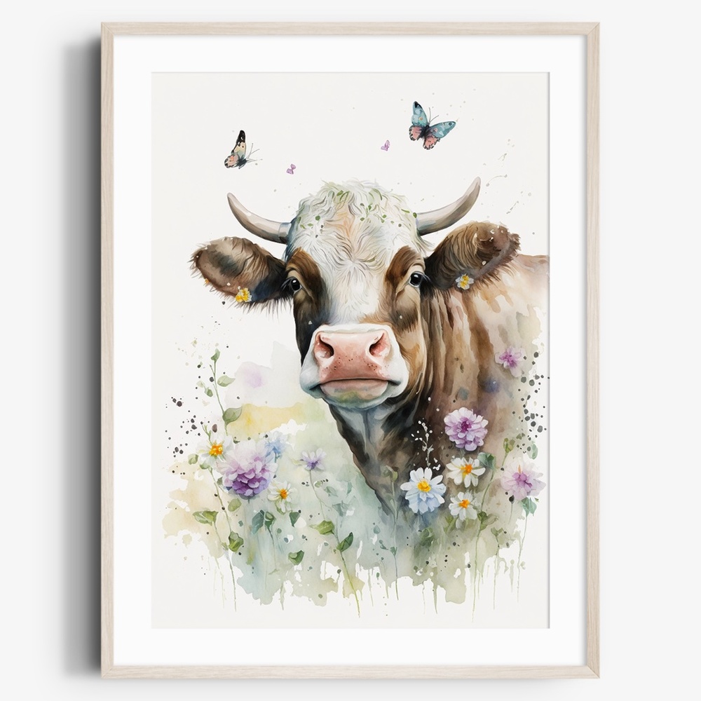 Watercolor Cute Floral Farm Cow Wall Art Illustration Print Poster Unframed